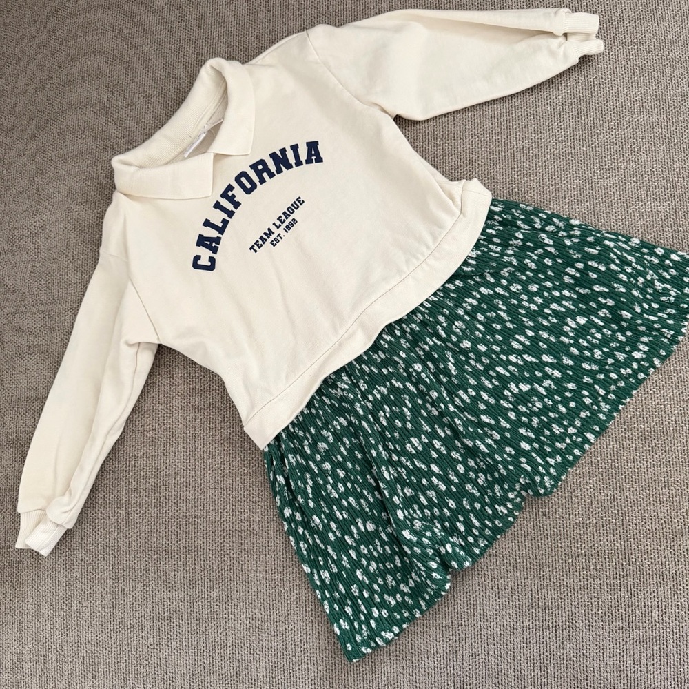 Zara cream sweatshirt dress with navy lettering and green patterned size 2-3y